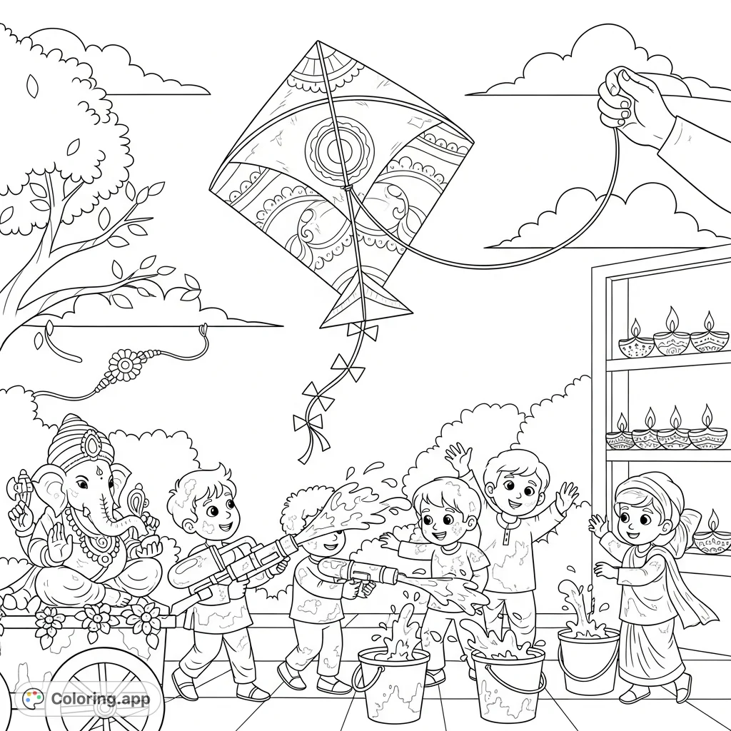 Experience a lively festival street scene featuring a patterned kite, children with Holi water guns, a decorated Ganesha, Rakhi thread, and Diwali Diyas.