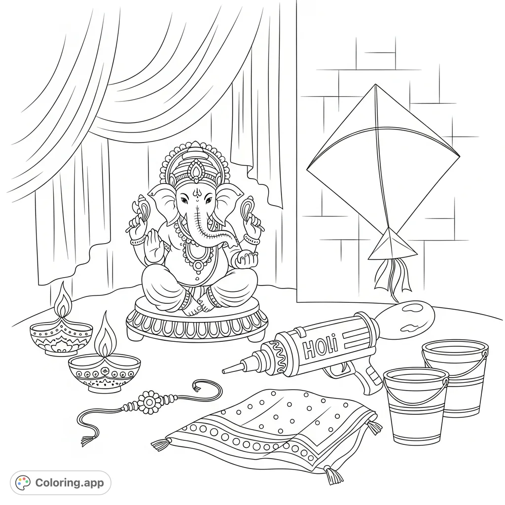A decorated Ganesha idol is surrounded by symbols of Indian festivals: a flickering Diwali Diya, a Holi water gun, intricate Rakhi, and a kite. A joyful scene.