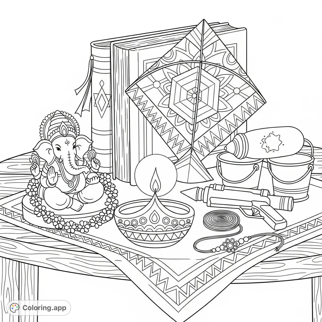 Explore a rich Indian festivals coloring page featuring a Diwali Diya, Ganesha idol, Holi water gun, and Rakhi, inviting vibrant personal expression.