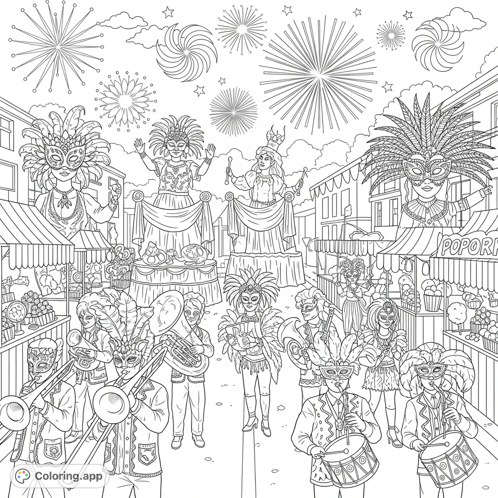 Immerse yourself in a lively carnival scene with masked figures, elaborate floats, musical bands, festive food stalls, and dazzling fireworks. A joyous celebration!