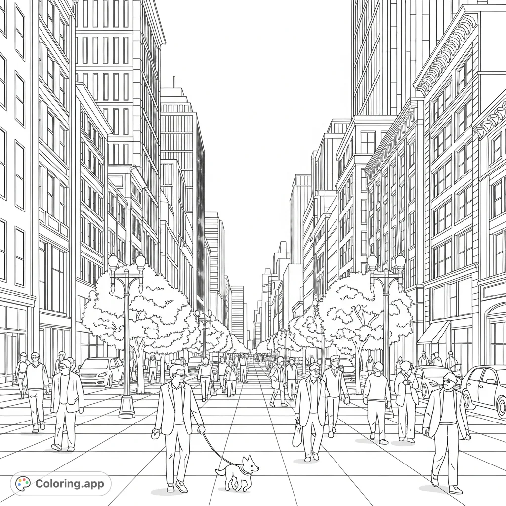 Explore a bustling urban streetscape with detailed architecture, strolling pedestrians, and street life, perfect for a free printable cityscape coloring page.