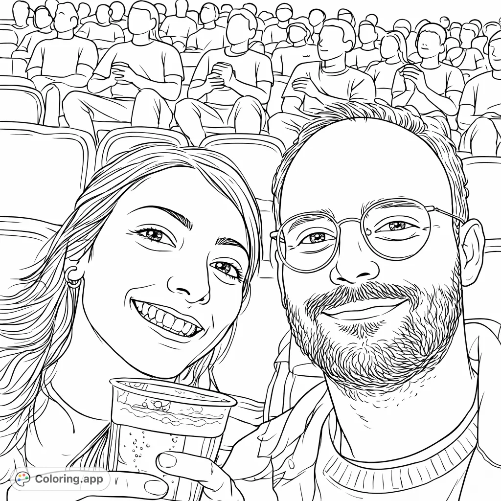 Capture the joy of a stadium event with this couple's happy moment. A man with glasses and a woman with a drink smile amidst a crowd.
