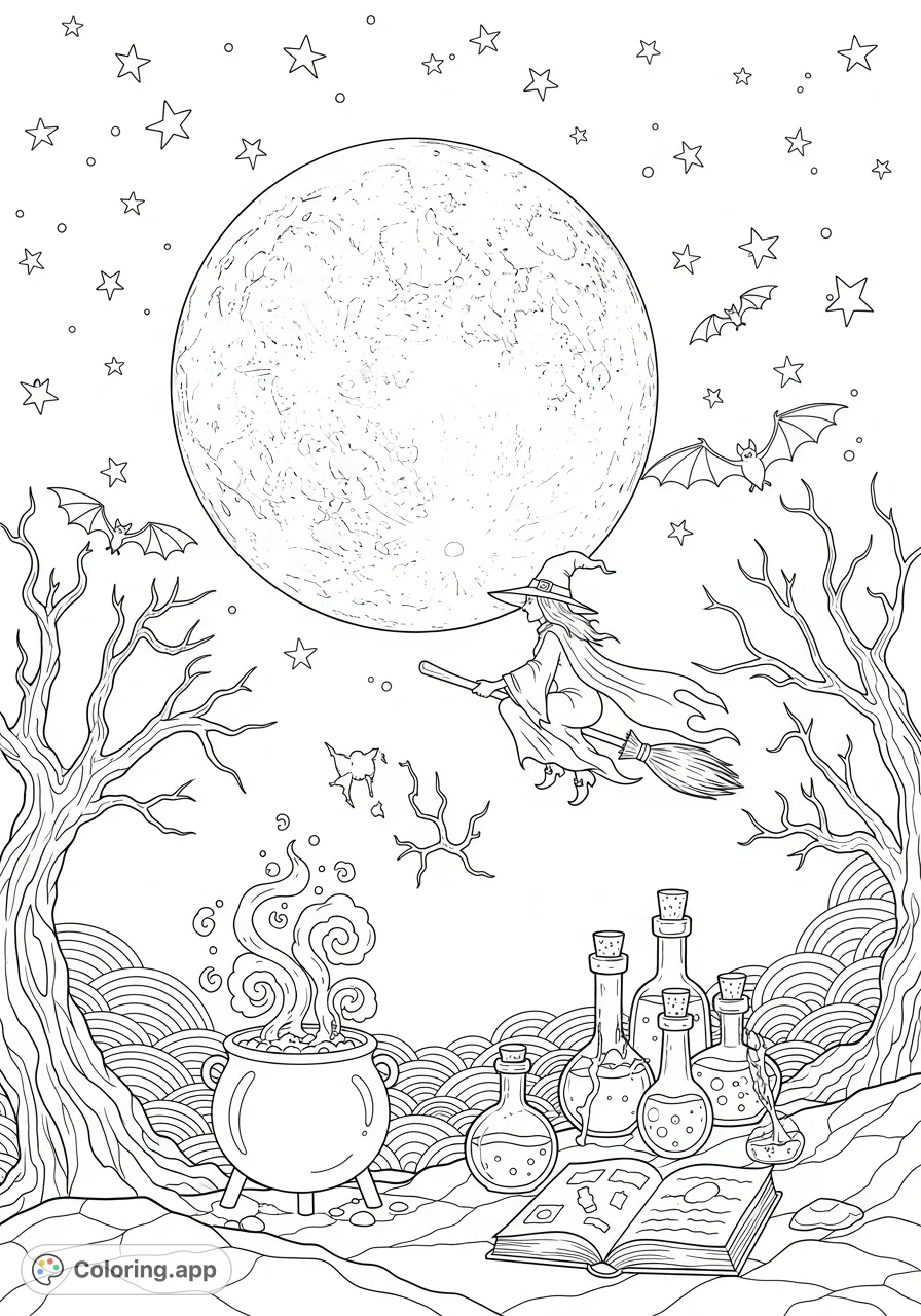 A witch flies across a cratered full moon, surrounded by stars, gnarled trees, a cauldron, potion bottles, and bats, creating a magical and eerie night scene.