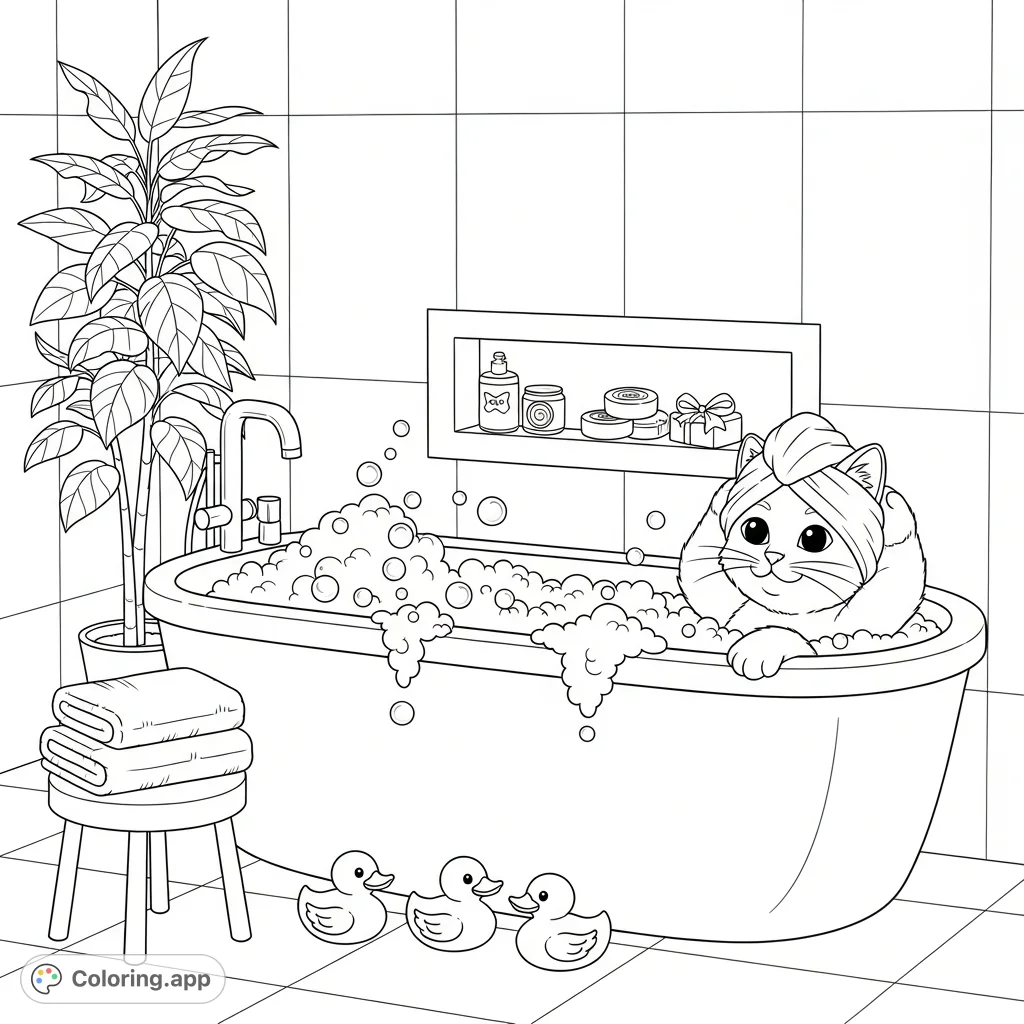 A delightful cat enjoys a luxurious bubble bath with playful rubber duckies. This charming scene offers a relaxing and fun coloring experience.