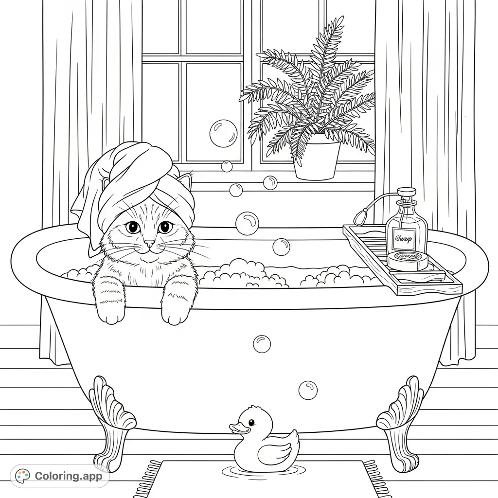 A fluffy cat in a towel turban enjoys a bubbly bath with a rubber ducky, surrounded by a serene bathroom scene. A delightful and whimsical coloring page.