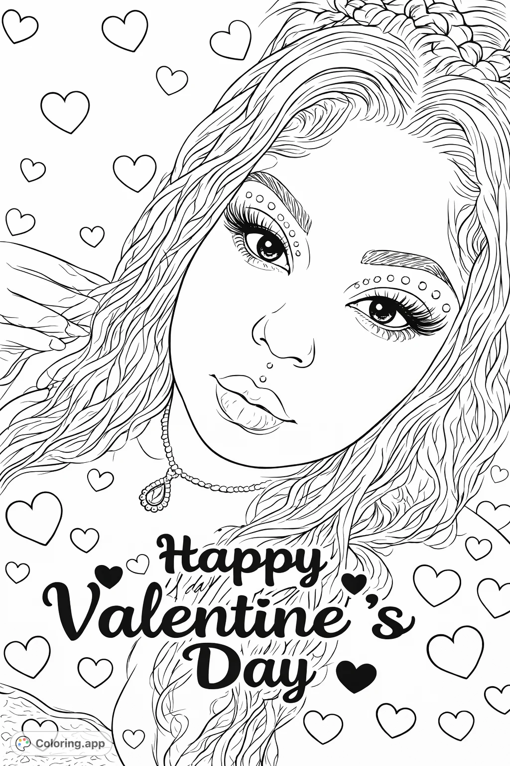 Celebrate love with this glamorous portrait featuring flowing hair, sparkling eye details, and a delicate necklace, complemented by hearts and a Valentine's message.