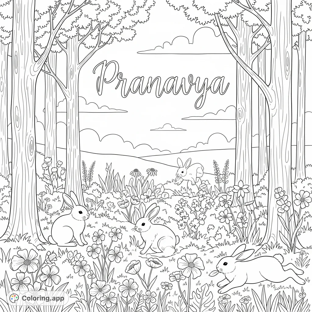Discover a personalized enchanting forest coloring page featuring 'Pranavya' in elegant calligraphy amidst wildflowers, cute bunnies, and a serene woodland.