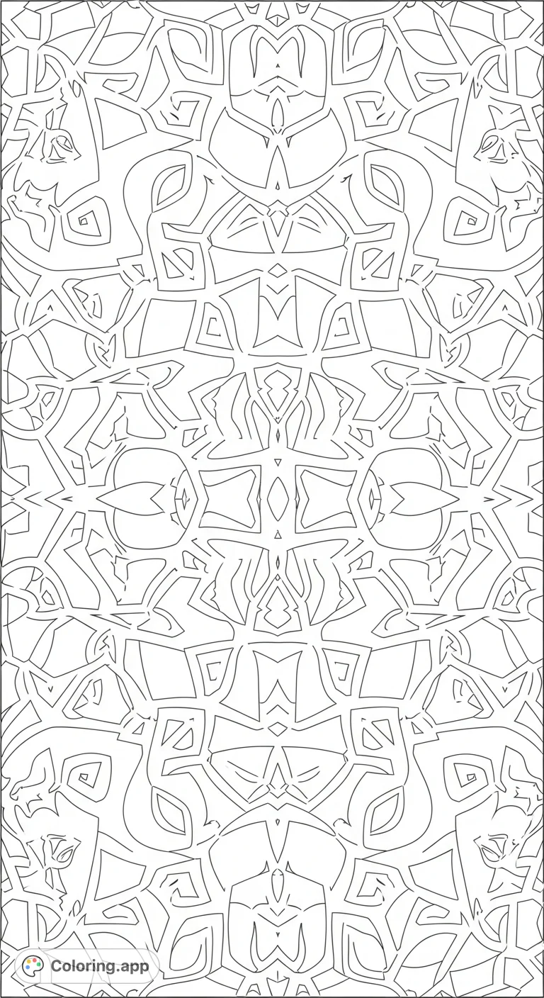 An intricate abstract geometric pattern coloring page perfect for a relaxing and mindful coloring experience. Discover complex shapes and repeating motifs.