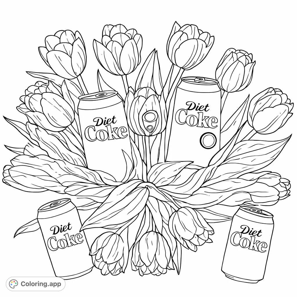 A unique arrangement of blooming tulips intertwined with refreshing diet soda cans. A fun and modern twist on a classic floral design, perfect for creative expression.
