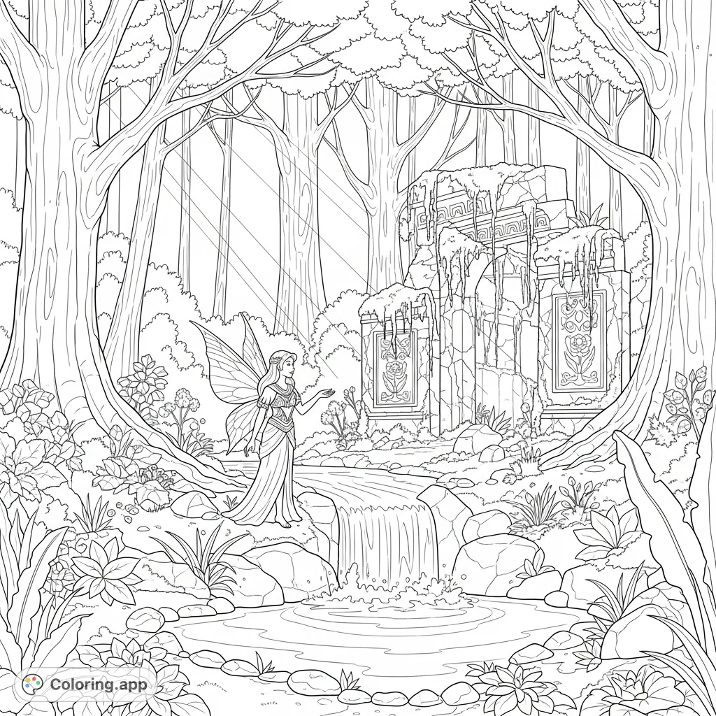 Discover a delicate fairy beside a hidden waterfall and ancient ruins in a magical forest. This fantasy coloring page offers a mystical scene with intricate details.