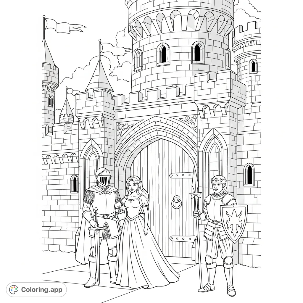 A majestic fantasy coloring page depicting a knight and princess before a grand castle, guarded by a royal guard. A tale of bravery and royalty awaits your colors.