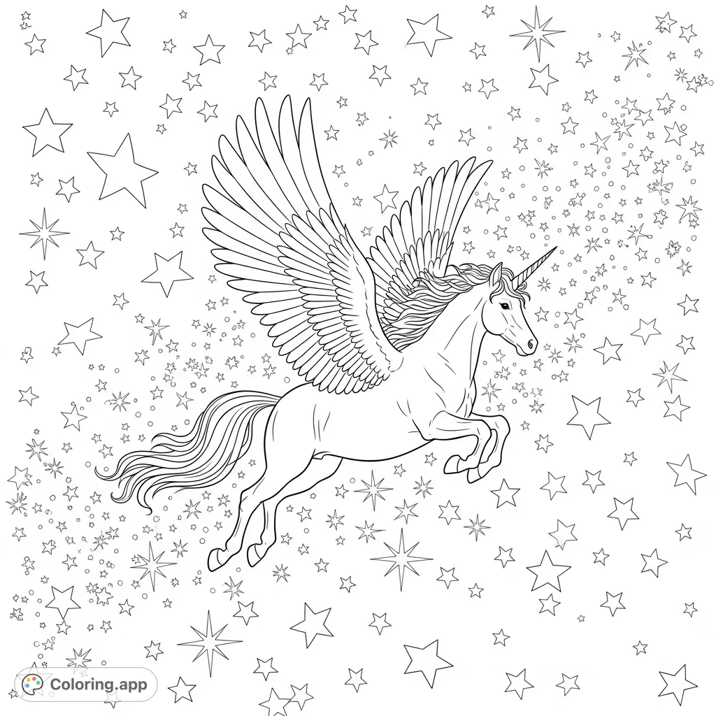 A majestic unicorn flies through a vast starry sky, surrounded by shimmering sparkles. A magical fantasy scene for enchanting coloring.