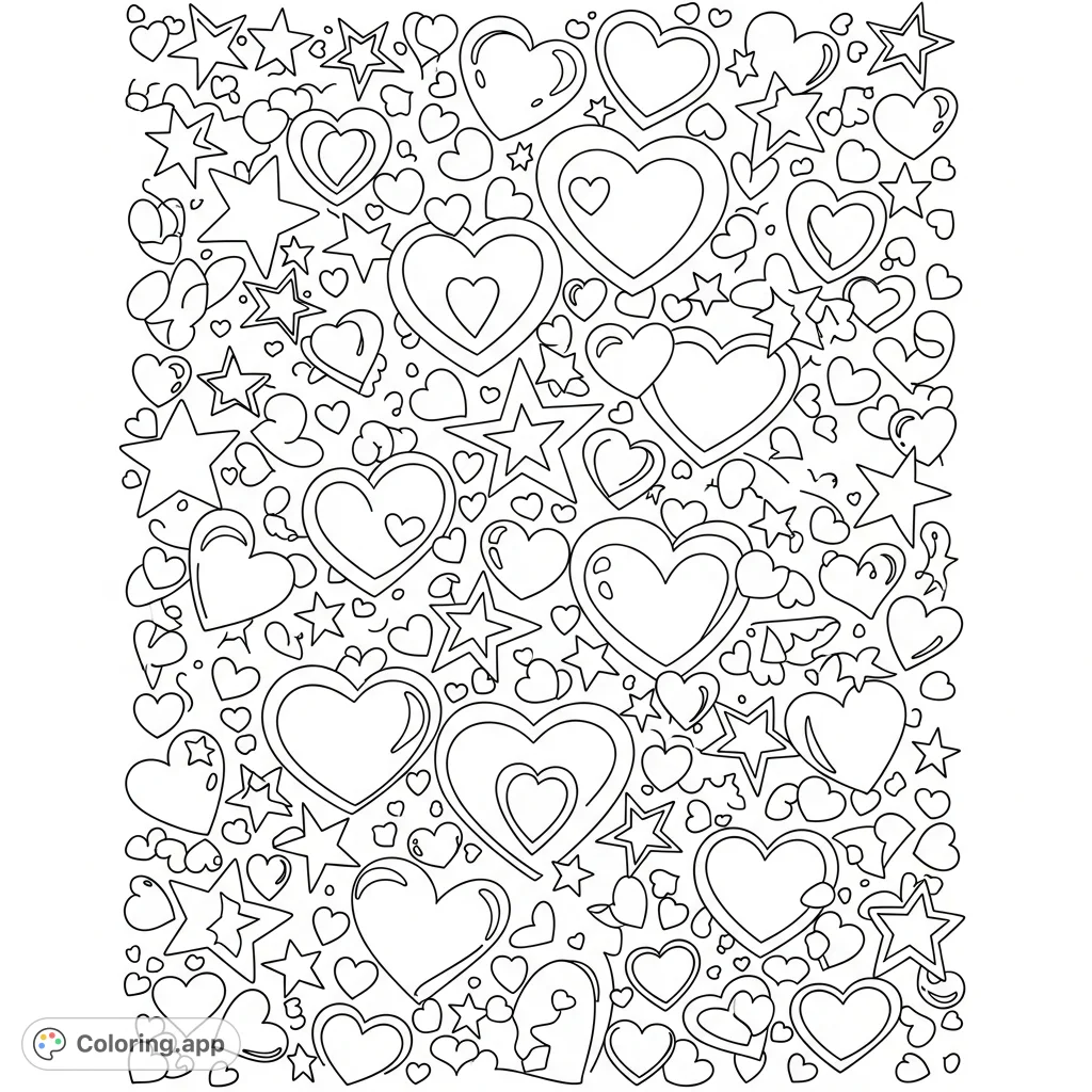 An enchanting doodle pattern filled with hearts and stars of various sizes and forms, perfect for a relaxing and creative coloring experience.