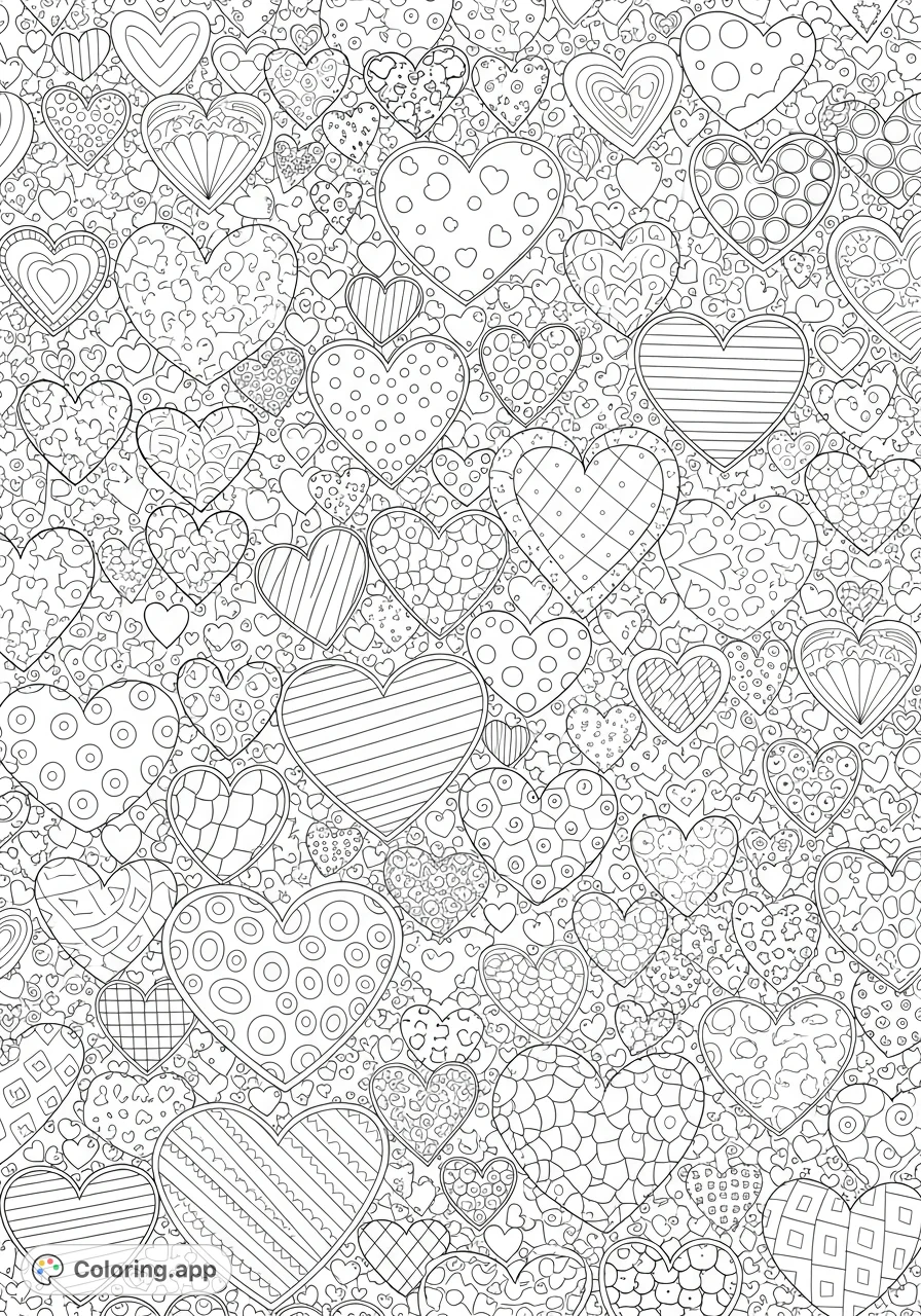 An intricate doodle heart pattern coloring page, featuring a dense mosaic of hearts filled with unique designs. Perfect for creative expression and mindful coloring.