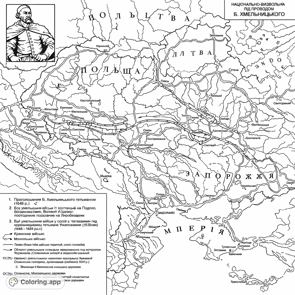 Explore a detailed historical map of Eastern Europe featuring territories, cities, and campaign routes. A complex and engaging educational coloring page.