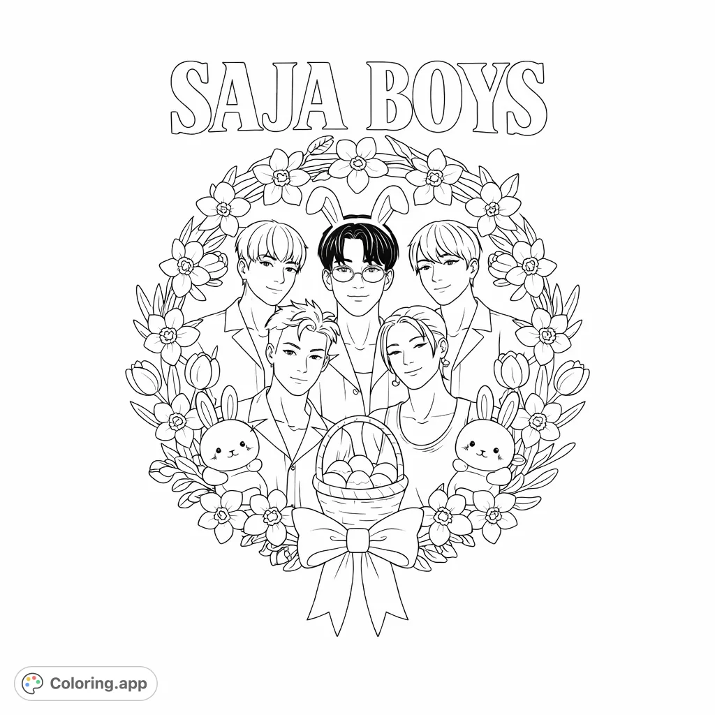 A vibrant K-pop inspired Saja Boys coloring page featuring five characters, a floral wreath, cute bunnies, and festive spring elements. Free printable for all ages!