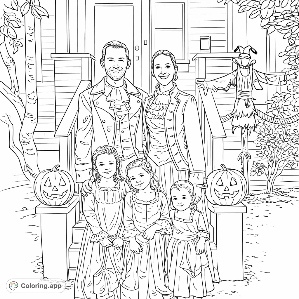 A delightful Halloween family coloring page featuring adults and children in intricate historical costumes alongside festive carved pumpkins and a scarecrow.