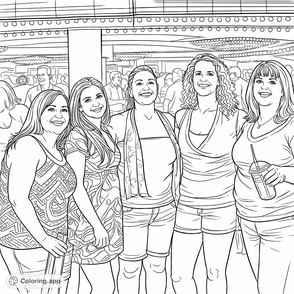 A lively gathering of six smiling friends, captured in a dynamic scene with detailed outfits and a festive background. Perfect for creative expression.