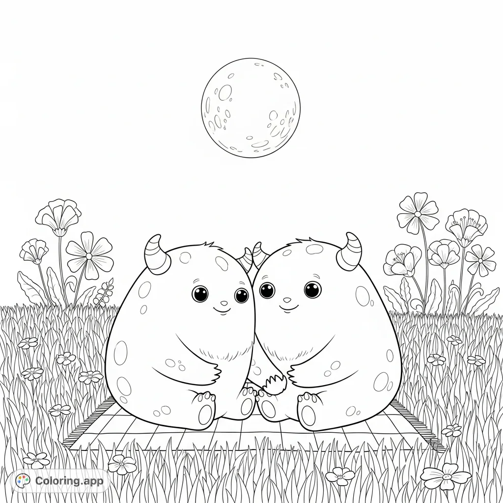 Charming round monsters share a romantic picnic in a moonlit meadow, with intertwined hands and unique wildflowers. A delightful, peaceful scene awaits your creative touch.