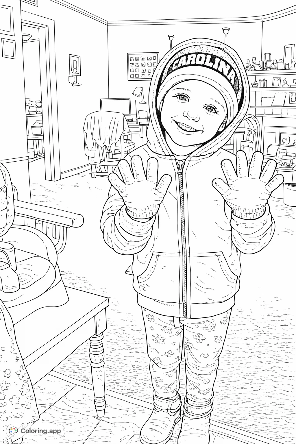 A cheerful child stands with gloves and a beanie, smiling broadly. This delightful scene invites creativity and fun with winter attire.