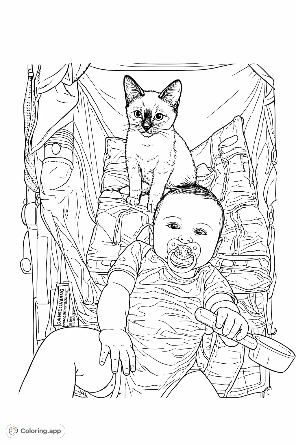 An adorable baby with a pacifier and a curious kitten share a cozy moment in a stroller. This heartwarming scene offers delightful details for a sweet coloring experience.