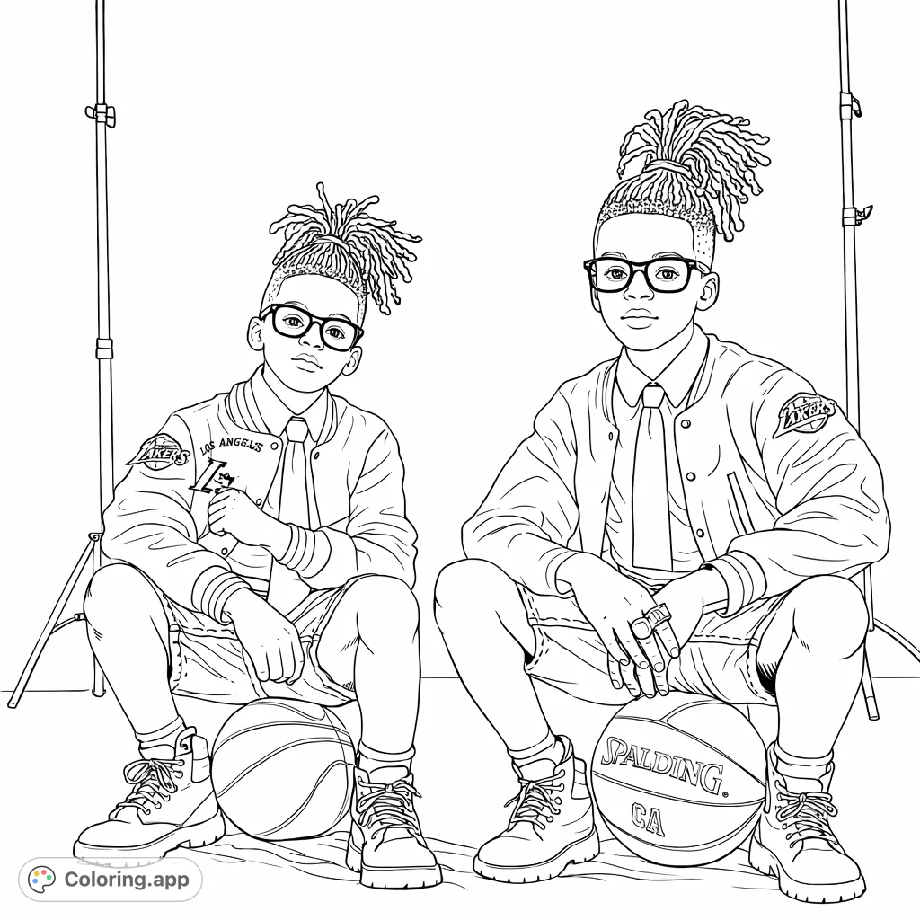 Two fashionable youths in varsity jackets and glasses pose confidently with basketballs. A dynamic and cool scene for sports and fashion enthusiasts.