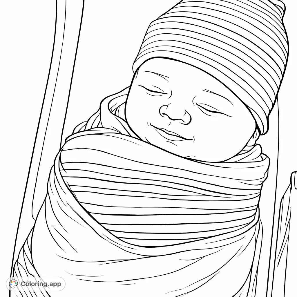 Discover a tender newborn baby swaddled in a comforting blanket, wearing a striped cap. Perfect for celebrating new life and quiet moments.