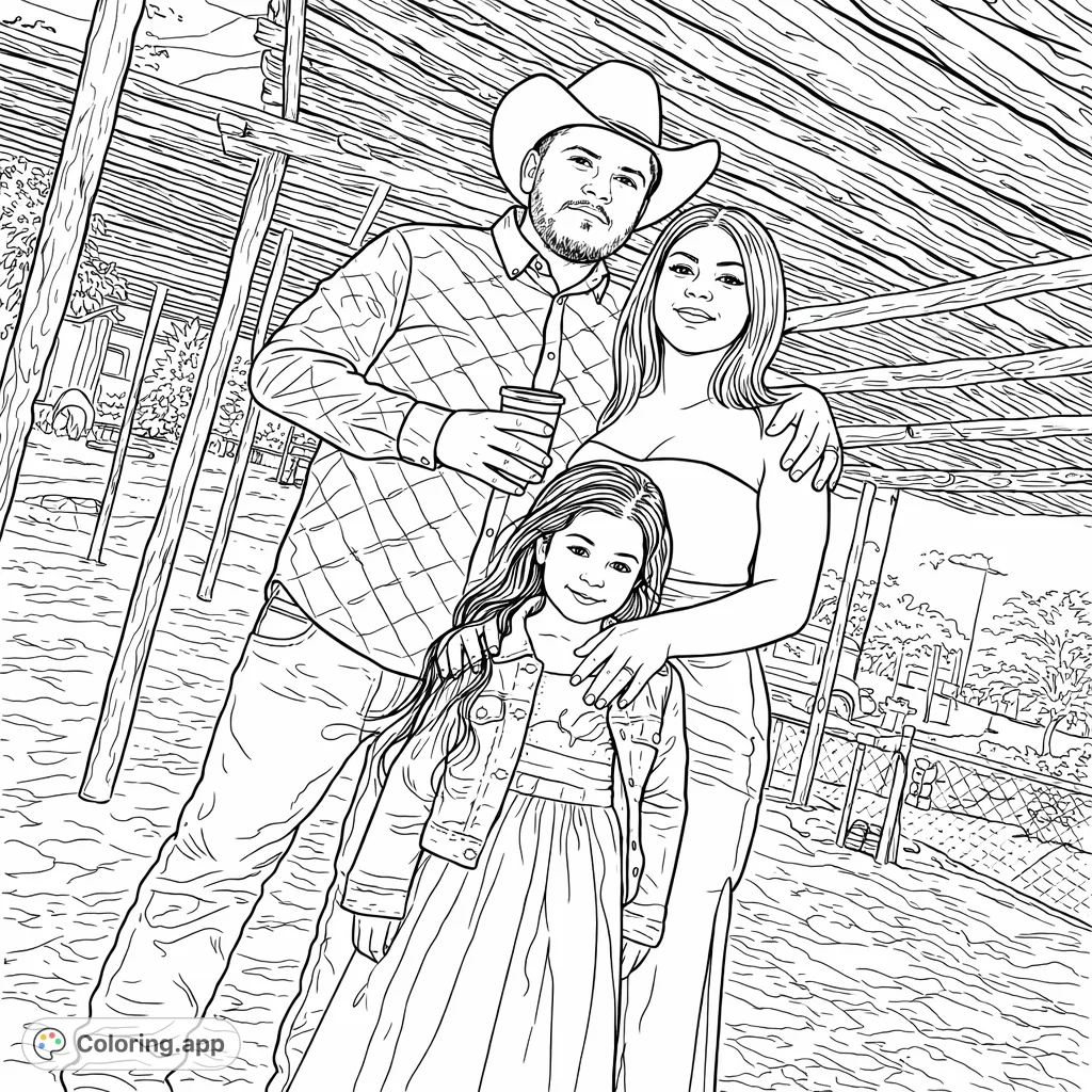 A heartwarming family portrait featuring a man, woman, and young girl smiling under a rustic wooden pergola. Perfect for family-themed coloring.