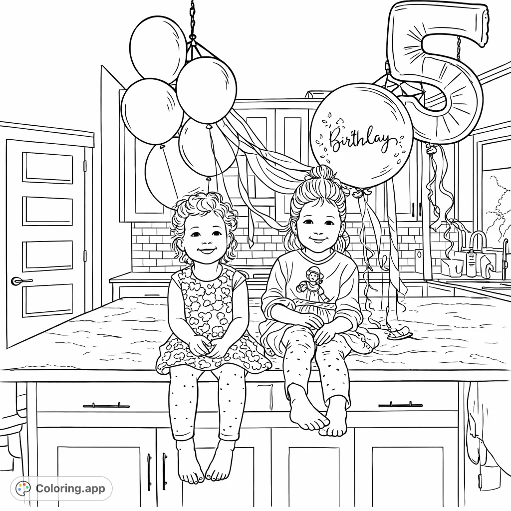 Two joyful girls celebrate their special day with an array of festive balloons and ribbons in a cheerful kitchen setting. A delightful scene for young colorists to personalize.