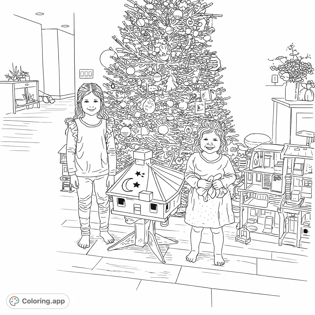 Capture the heartwarming scene of two joyful girls celebrating near a beautifully decorated holiday tree and gifts. A delightful festive memory waiting for your creative touch.