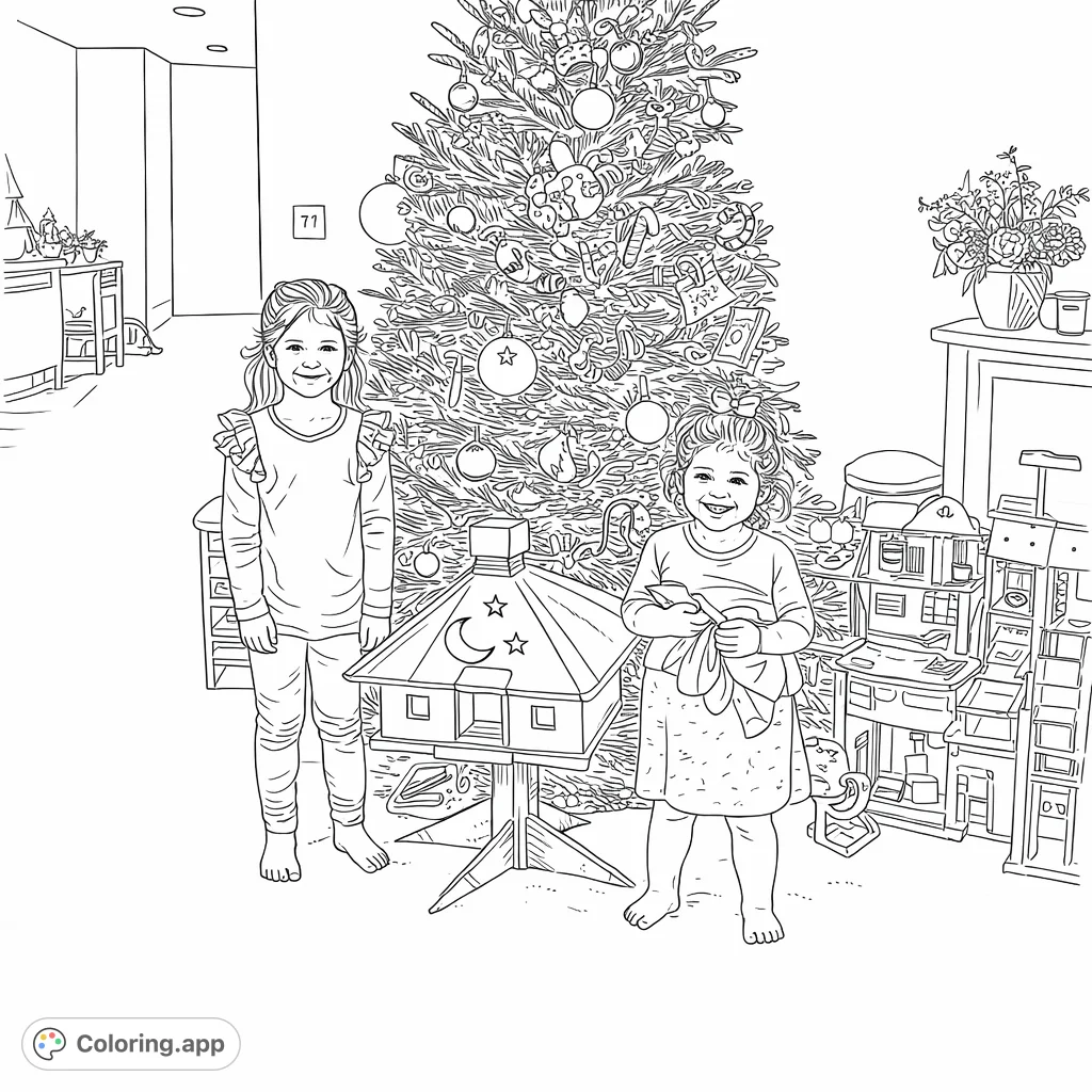A cheerful holiday scene with two girls, a grand decorated tree, and exciting gifts, perfect for a festive coloring adventure.