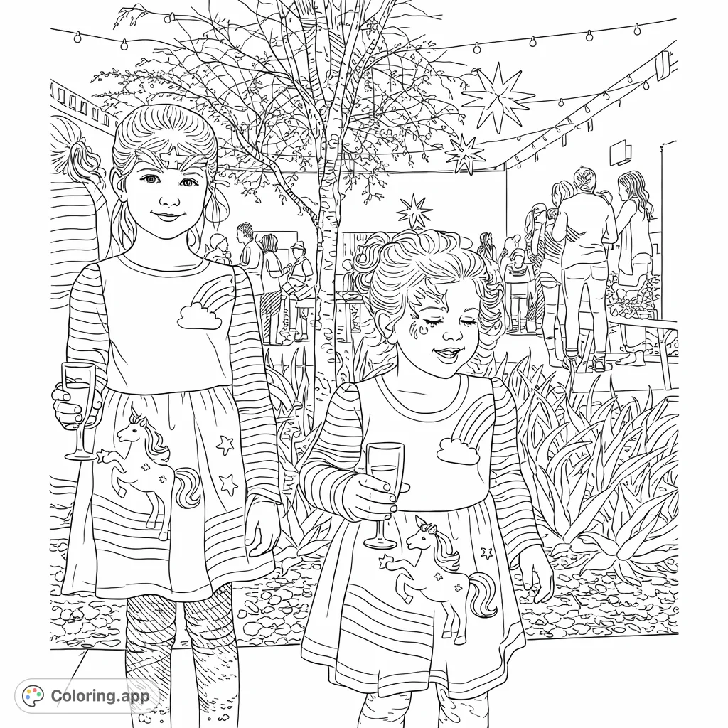 Capture the fun of two girls in unicorn dresses and face paint at a lively outdoor gathering. A delightful scene for kids, perfect for creative expression.