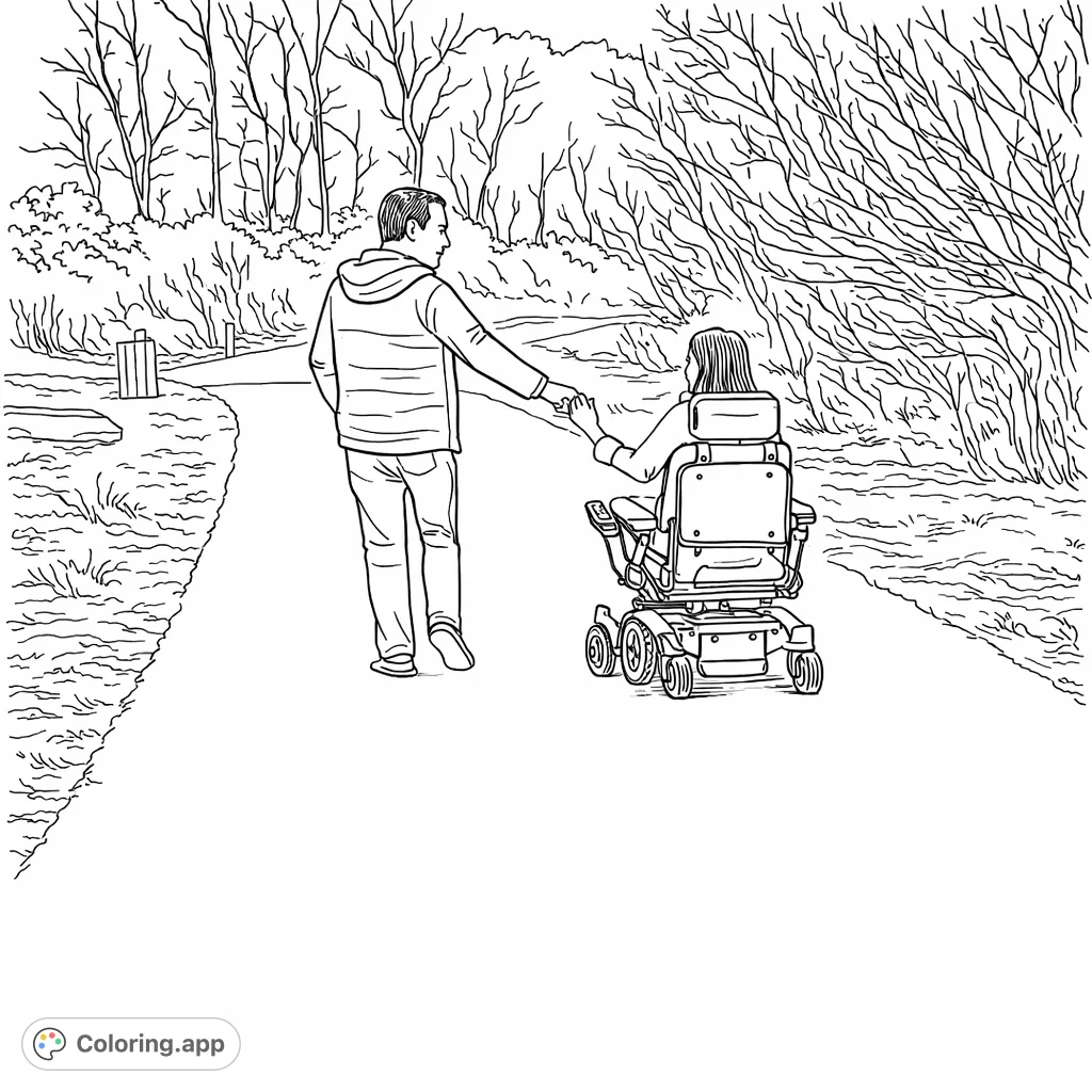 A heartwarming scene of two individuals holding hands, one walking and one in a wheelchair, strolling along a curving outdoor path amidst natural scenery.