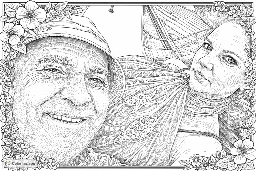 Capture the warmth of a vintage waterside moment with this detailed portrait of a couple. Featuring intricate patterns and a retro aesthetic, perfect for all ages.