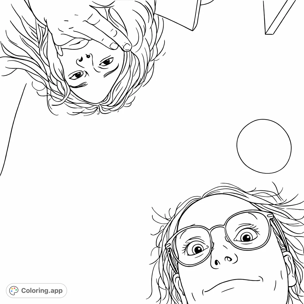 Two individuals peer down from above with exaggerated expressions, one gesturing, the other with spectacles, set against a plain ceiling with a circular light.