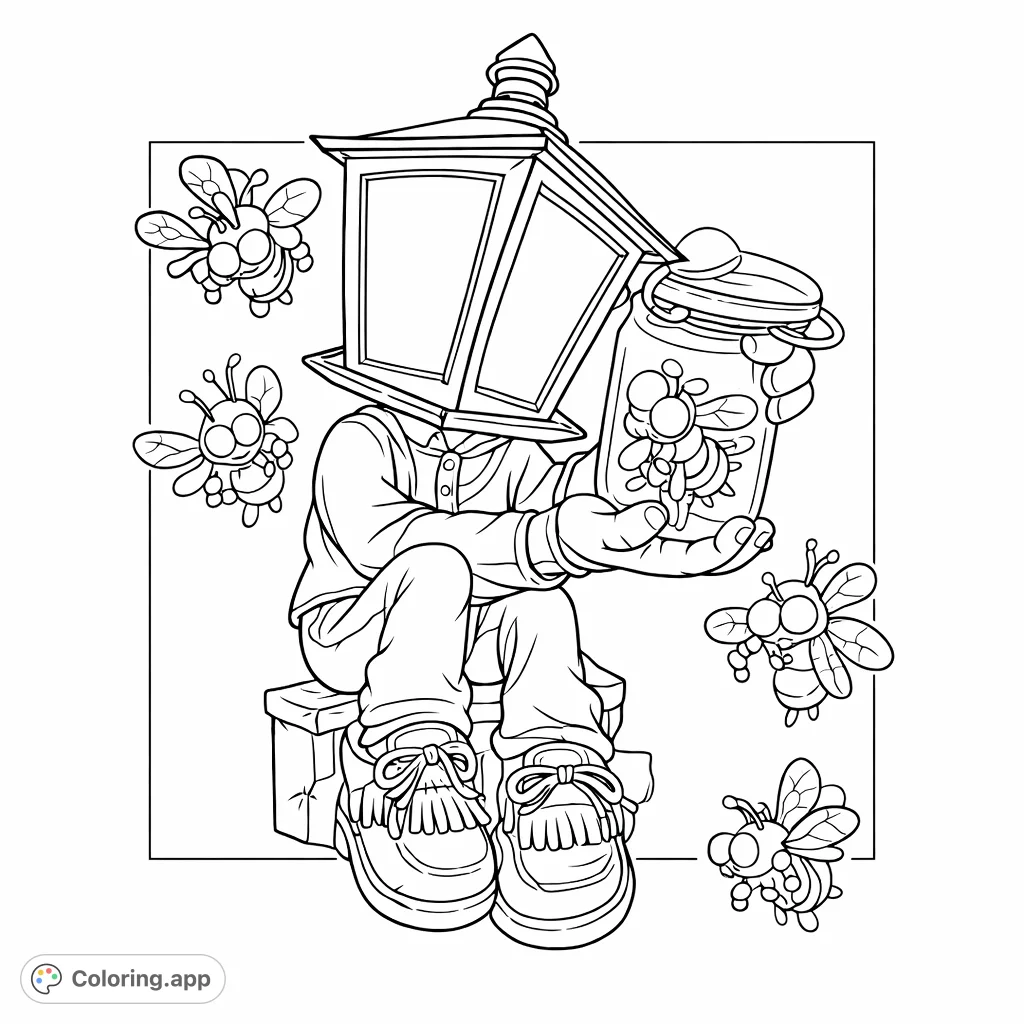 Discover a whimsical lantern-headed character gently holding a jar with a magical insect, surrounded by flying companions. Perfect for imaginative colorists.