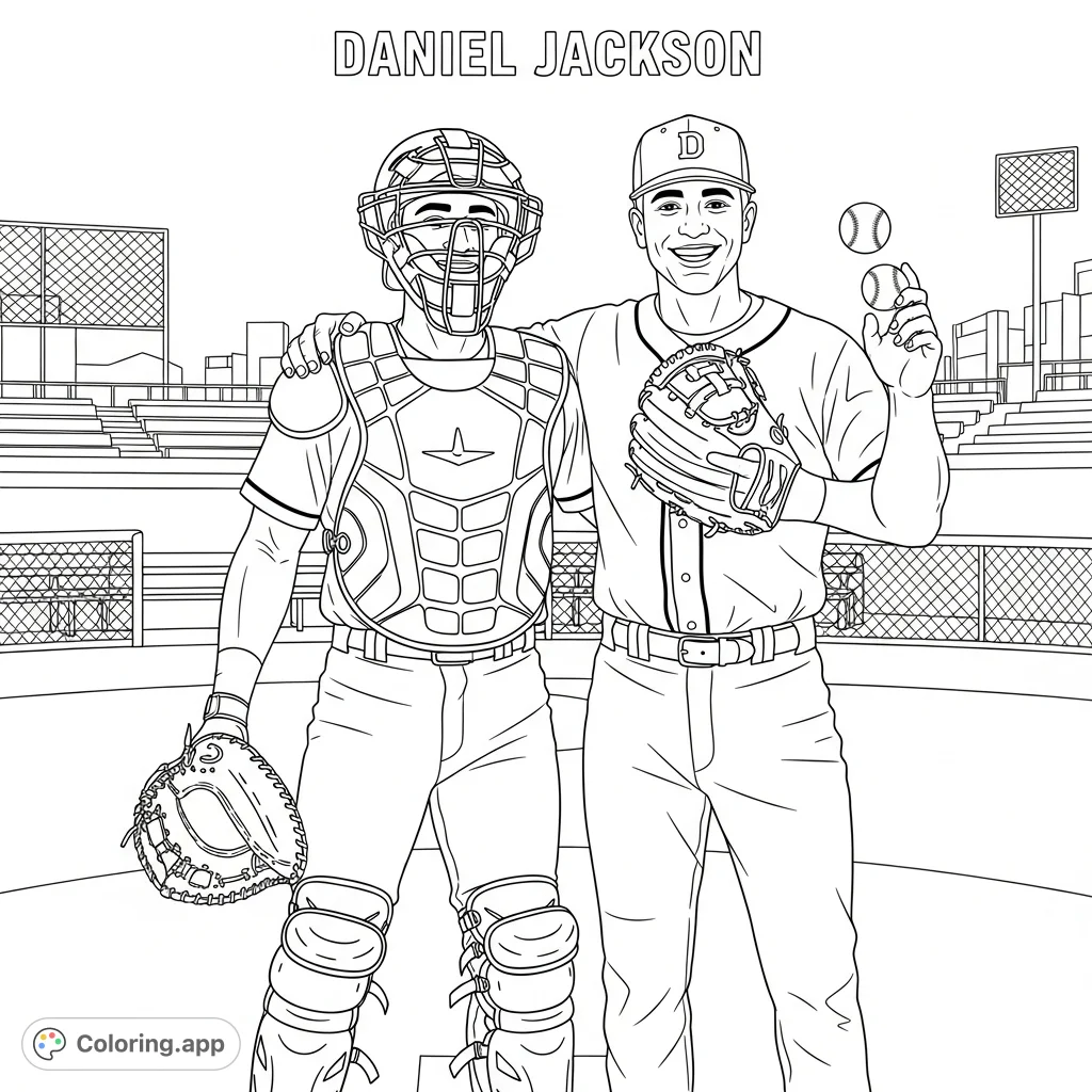 Baseball catcher Daniel Jackson celebrates victory with his pitcher on the field. A moment of team triumph and sportsmanship, ready for your artistic touch.