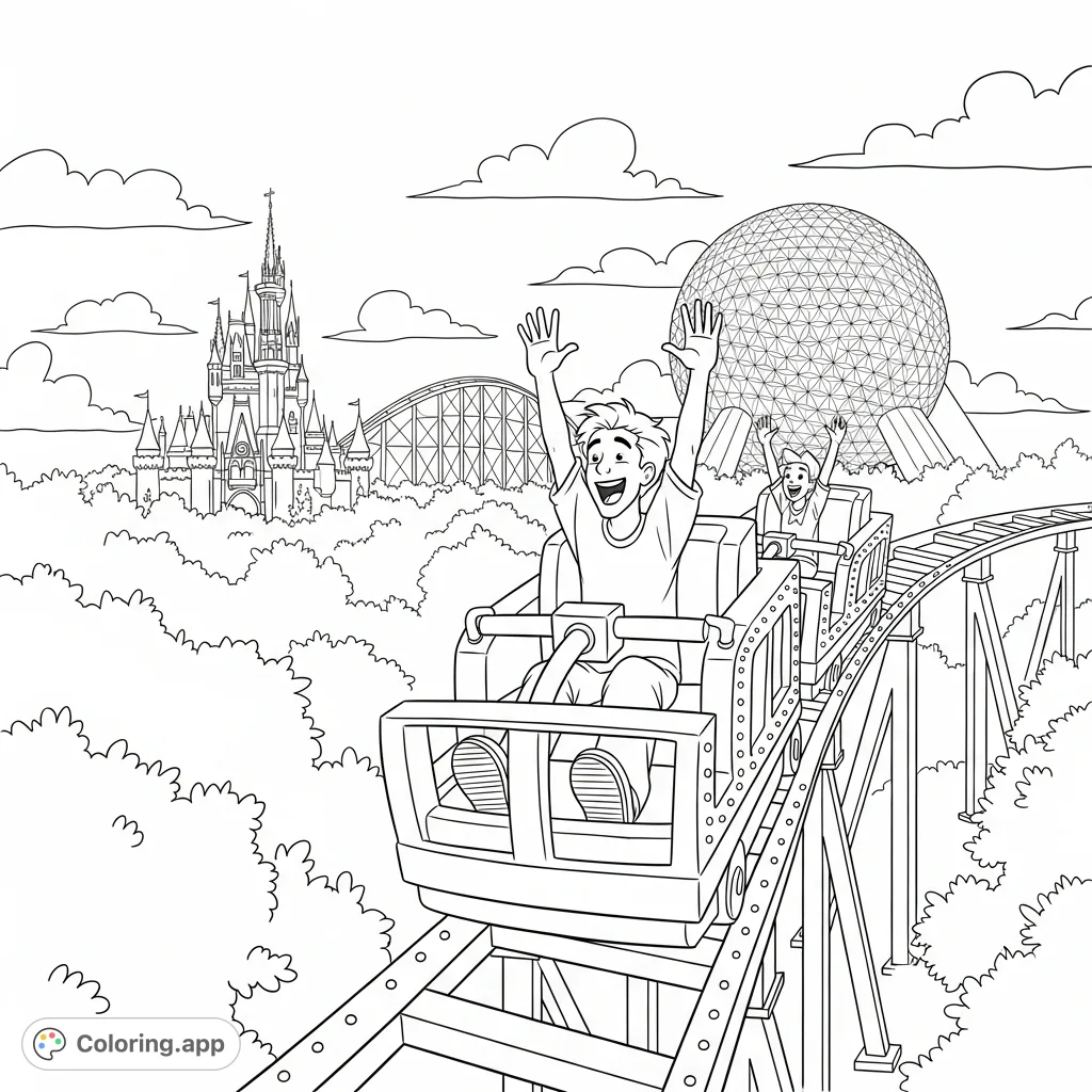 Experience the excitement as Brooks zooms through Disney World on a thrilling roller coaster ride! This fun-filled scene captures joy amidst iconic park landmarks for you to color.