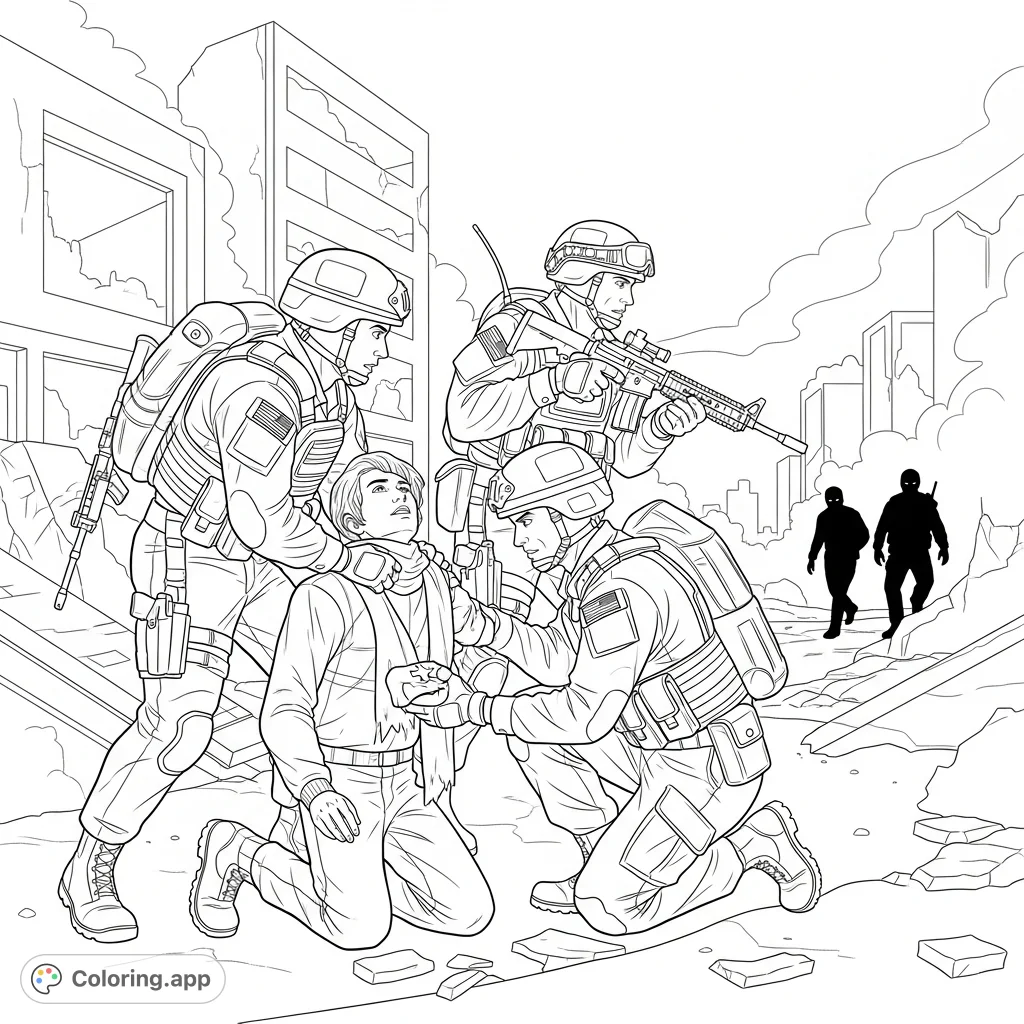 An action-packed scene where heroic army soldiers in tactical gear bravely rescue civilians from retreating adversaries amidst a detailed urban conflict zone.