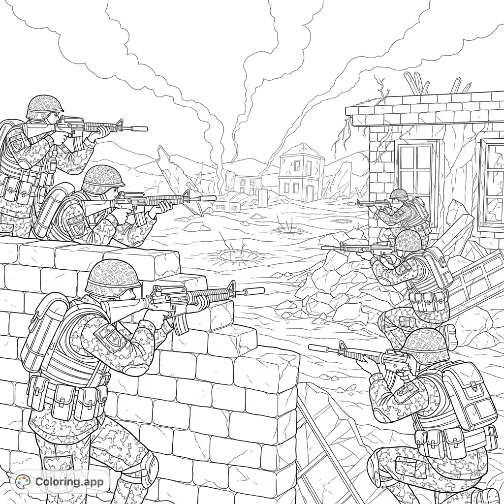 Dynamic scene of two groups of soldiers engaged in a fierce battlefield encounter. Detailed uniforms, weapons, and tactical poses amidst a war-torn landscape.