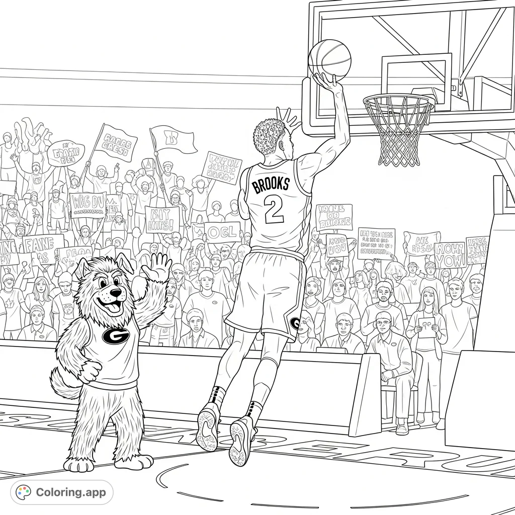 Experience the thrill of UGA basketball! Color a dynamic scene with player Brooks shooting, Hairy Dog mascot, and an energetic crowd with signs and flags.