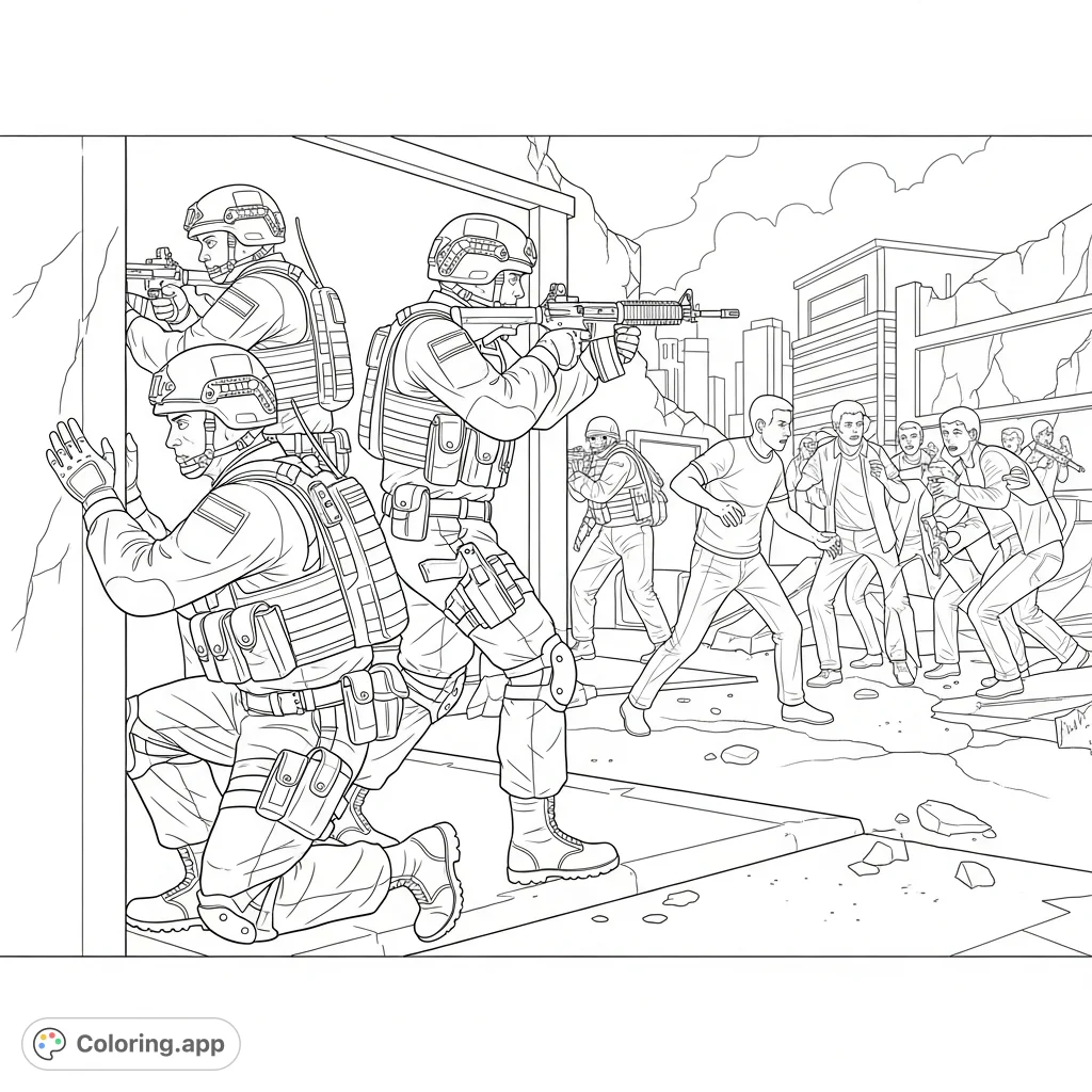 An intense urban scene with brave soldiers confronting criminals amidst damaged city structures. A thrilling, action-packed coloring page for aspiring heroes.