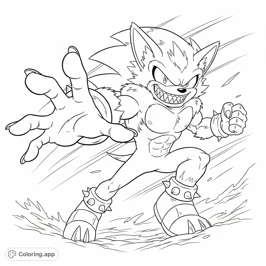 Unleash your creativity with this dynamic Werehog coloring page! Featuring a fierce, spiky creature in a powerful lunge with a menacing grin.