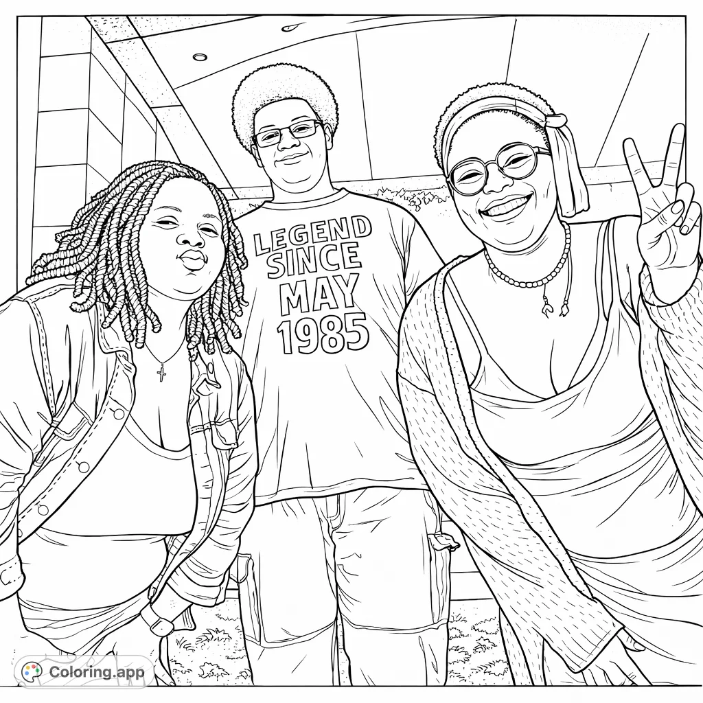 Capture the essence of friendship with this dynamic coloring page featuring three stylish individuals in a casual group pose. Perfect for all ages!