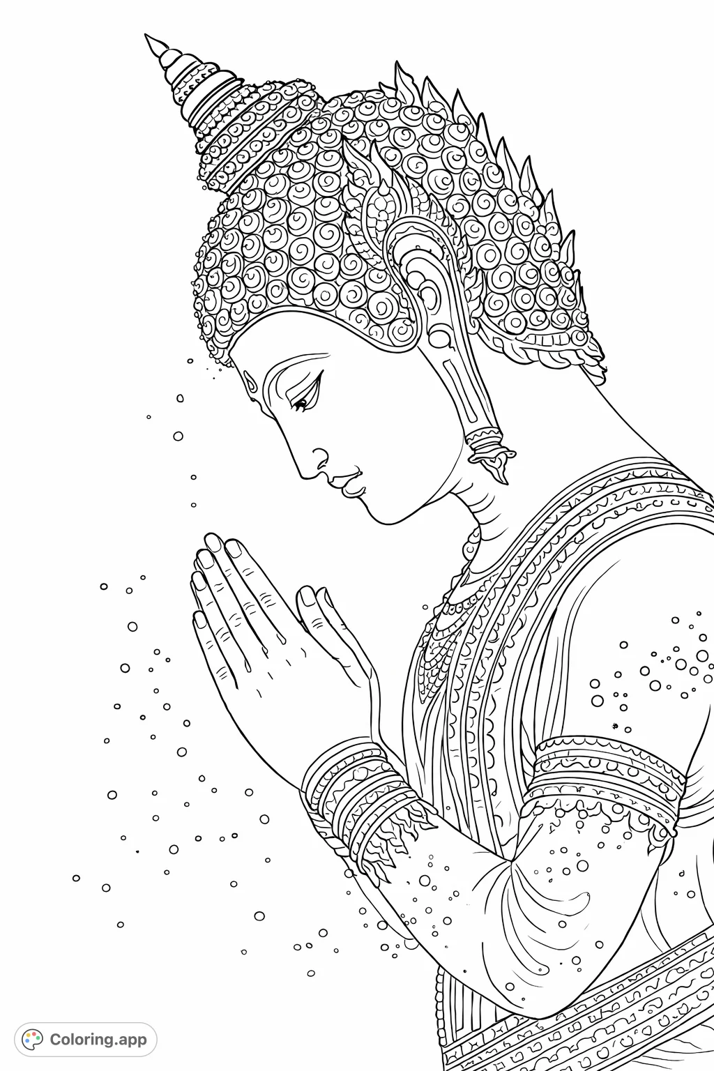 A serene spiritual figure in prayer, adorned with intricate details and a luminous background. A mindful coloring experience awaits.