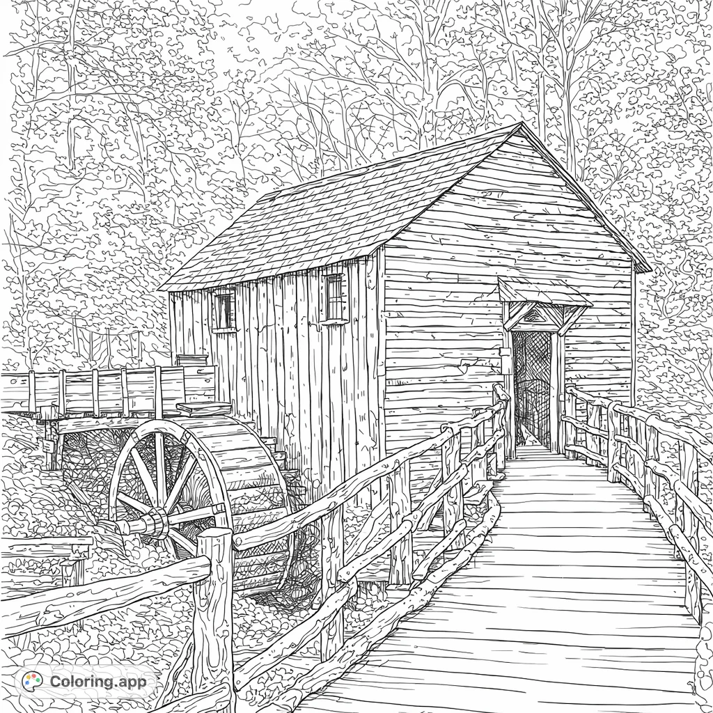 Color a detailed rustic wooden mill with a water wheel, nestled in a dense forest, featuring a charming bridge and intricate textures.