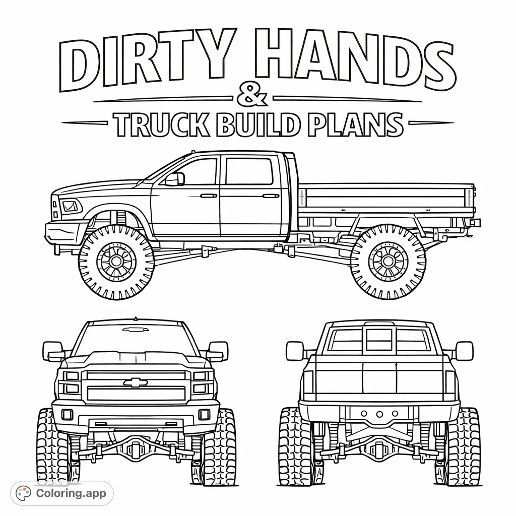 Detailed truck build plans coloring page featuring side, front, and rear views of a heavy-duty pickup. Perfect for vehicle enthusiasts to customize.