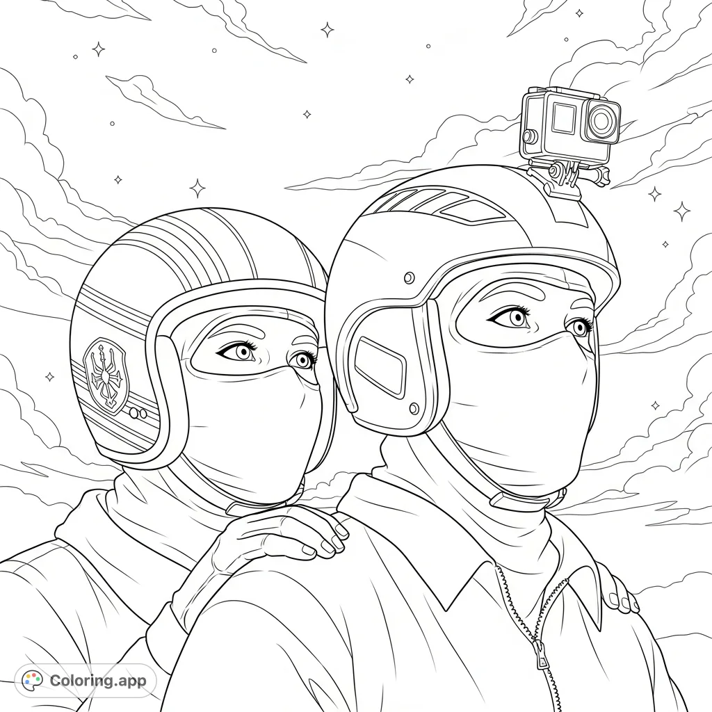 Explore an expansive open environment with two helmeted adventurers gazing at a vast sky filled with soft clouds and star-like elements.