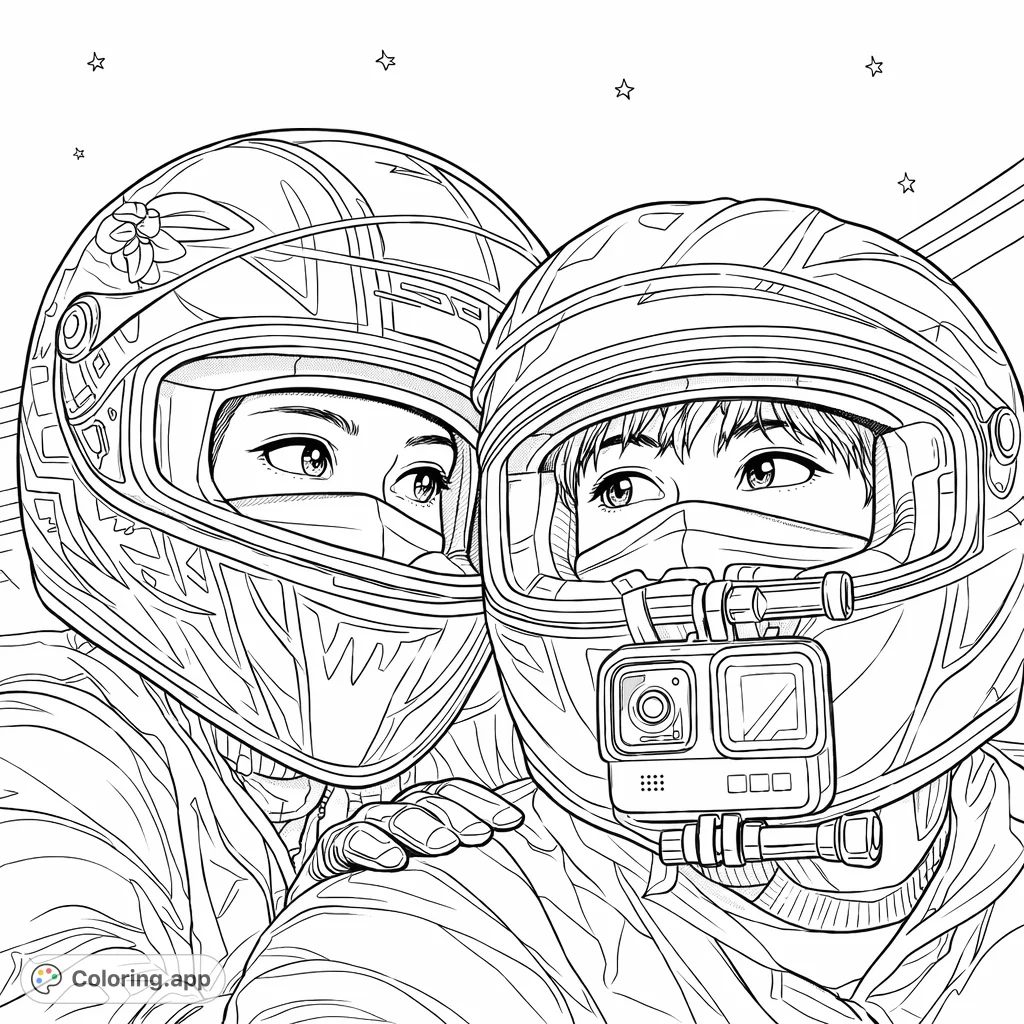 Capture the adventurous spirit of two helmeted riders under a starlit sky. Perfect for enthusiasts of biking, travel, and expressive portraits.