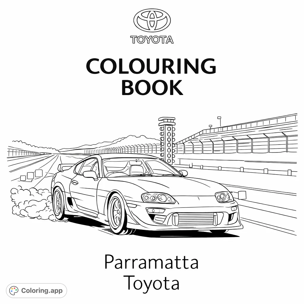 Unleash your creativity with this dynamic race car coloring page, featuring a sleek sports car on a detailed track with grandstands.